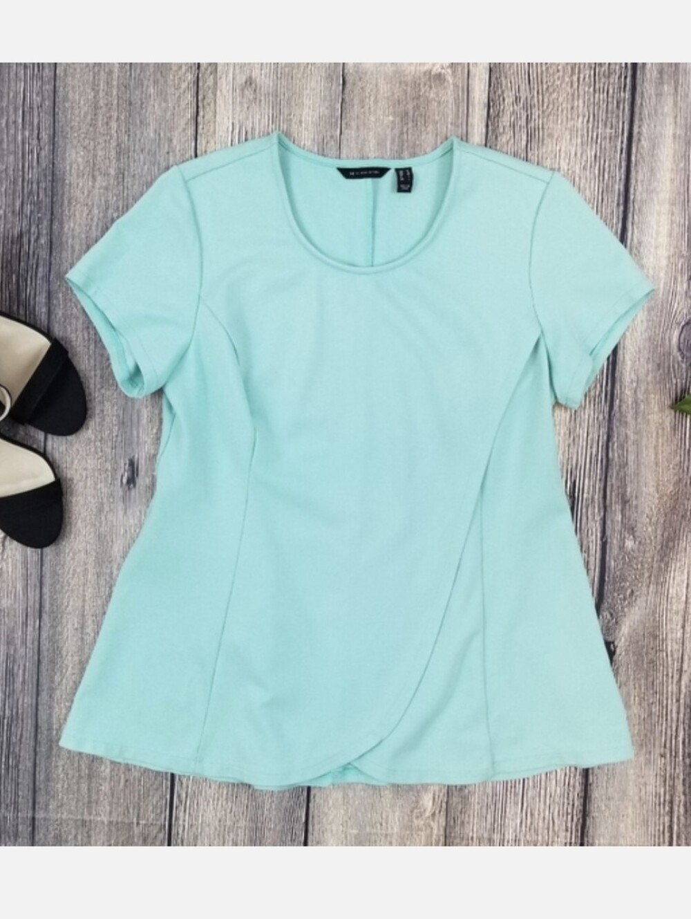 H by Halston Aqua Blue Faux Wrap Shirt